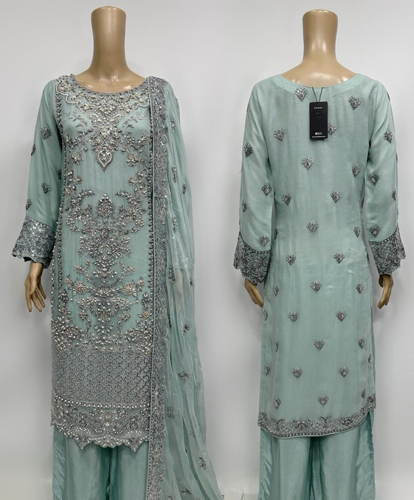 HP13 - 3 Piece mint Embroidered shirt with Embroidered crinkle Duppata and embroidered raw silk plazo