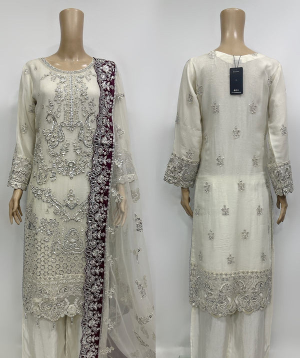 HP11 - 3 Piece Embroidered shirt and Embroidered net Duppata with embroidered raw silk plazo