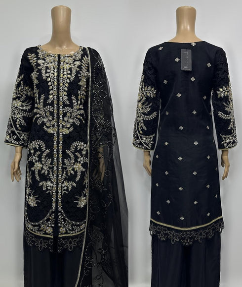 HP12 - 3 piece embroidered organza shirt and Duppatta with embroidered raw silk plazo