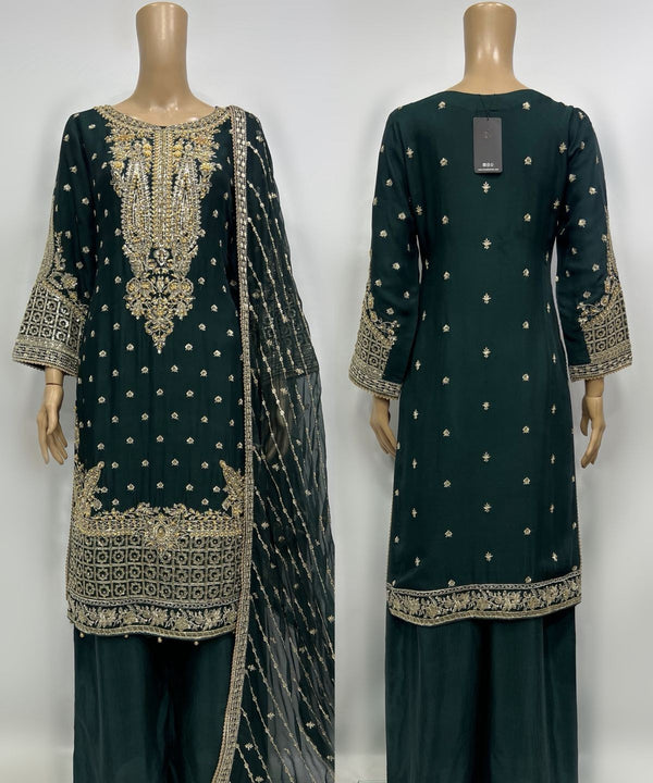 HP009 - 3 Piece Embroidered shirt and Duppatta and raw silk trousers