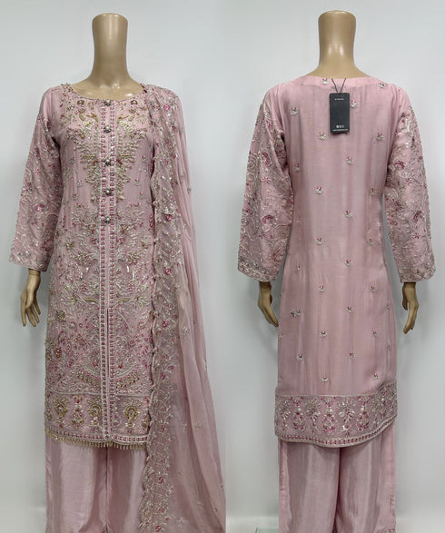HP10 - 3 piece embroidered shirt and Duppatta with embroidered raw silk trousers