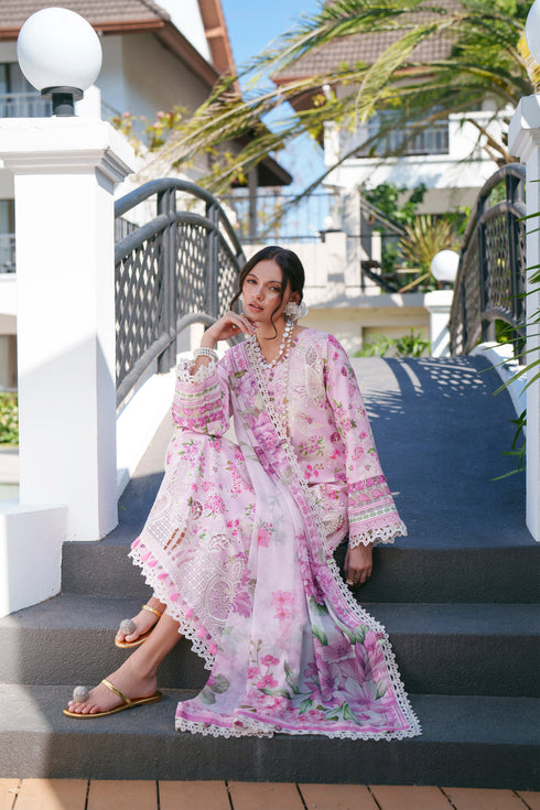 HC009 - Pink floral print 3 piece stitched Chikankari Summer Collection