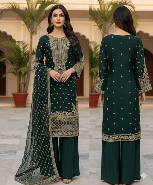 HP009 - 3 Piece Embroidered shirt and Duppatta and raw silk trousers