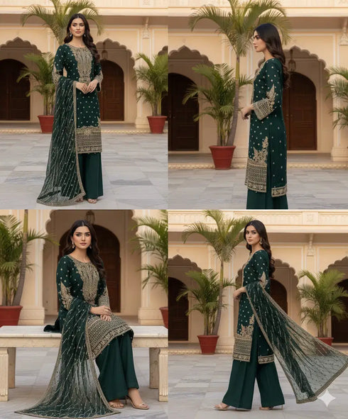 HP009 - 3 Piece Embroidered shirt and Duppatta and raw silk trousers